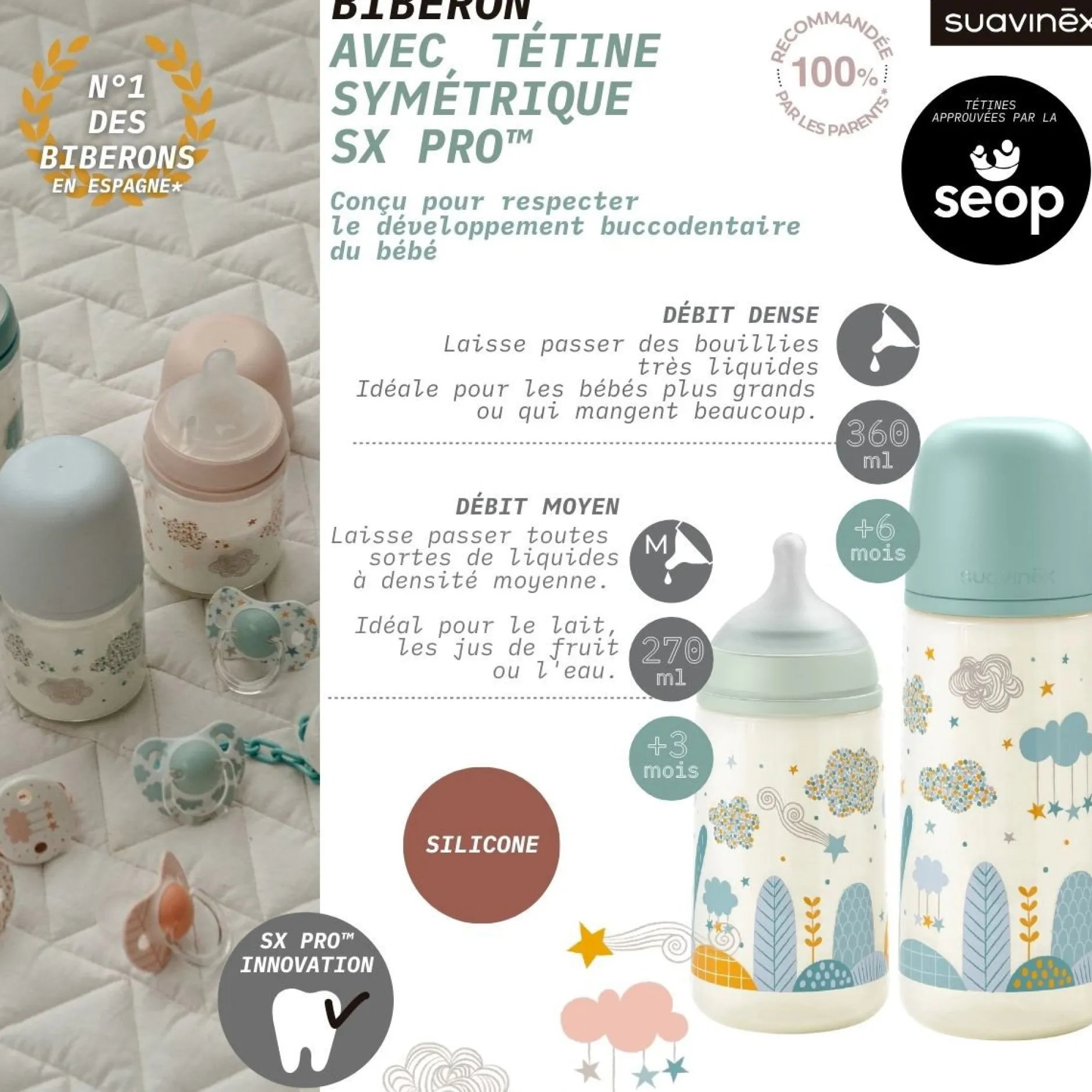 Biberons Pp (Polypropylène)*Suavinex Biberon tétine SX PRO M 270 ml de Dreams Bleu