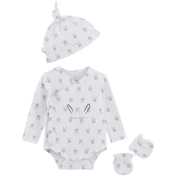Prématuré|Vêtements Naissance*P'tit bisou Body + bonnet + moufles Lapin Câlin Prématuré de Blanc/Gris