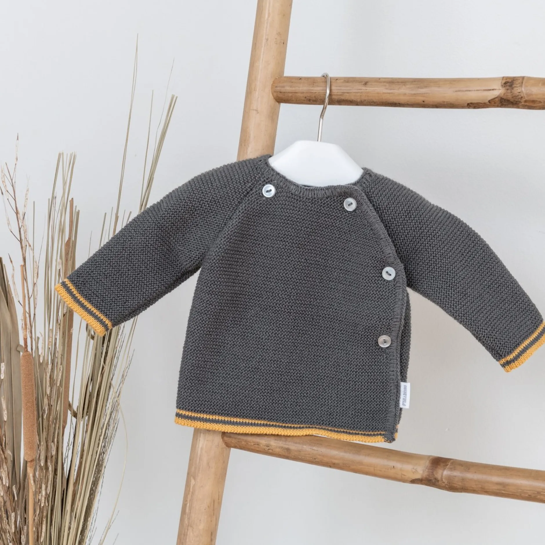 Collection Tricot|Vêtements Naissance*P'tit bisou Brassière Collection Trousseau Tricot 2019 0-1 mois de Liseret curry