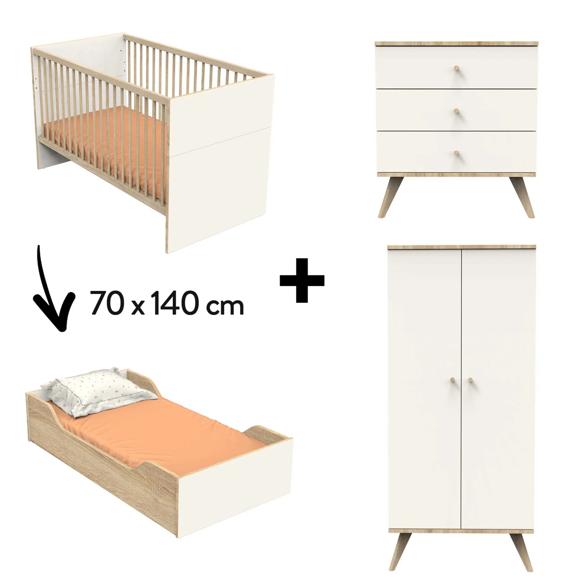 Commodes|Lits 70X140 Évolutifs* Chambre Camille : Lit 70x140 + Commode + Armoire de Sauthon Baby's Sweet Home
