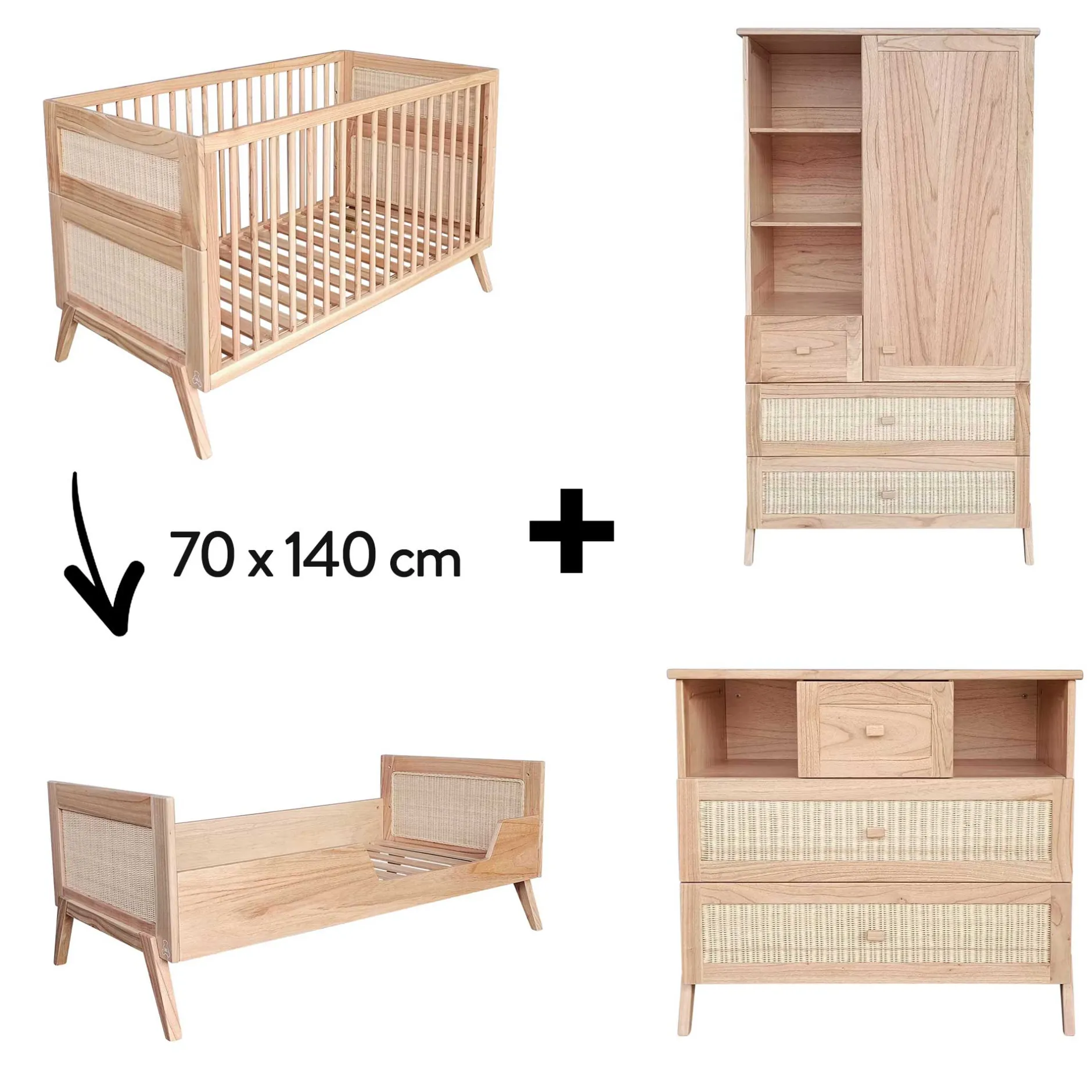 Commodes|Lits 70X140 Évolutifs* Chambre Marelia : Lit 70x140 cm + Armoire + Commode de Théo