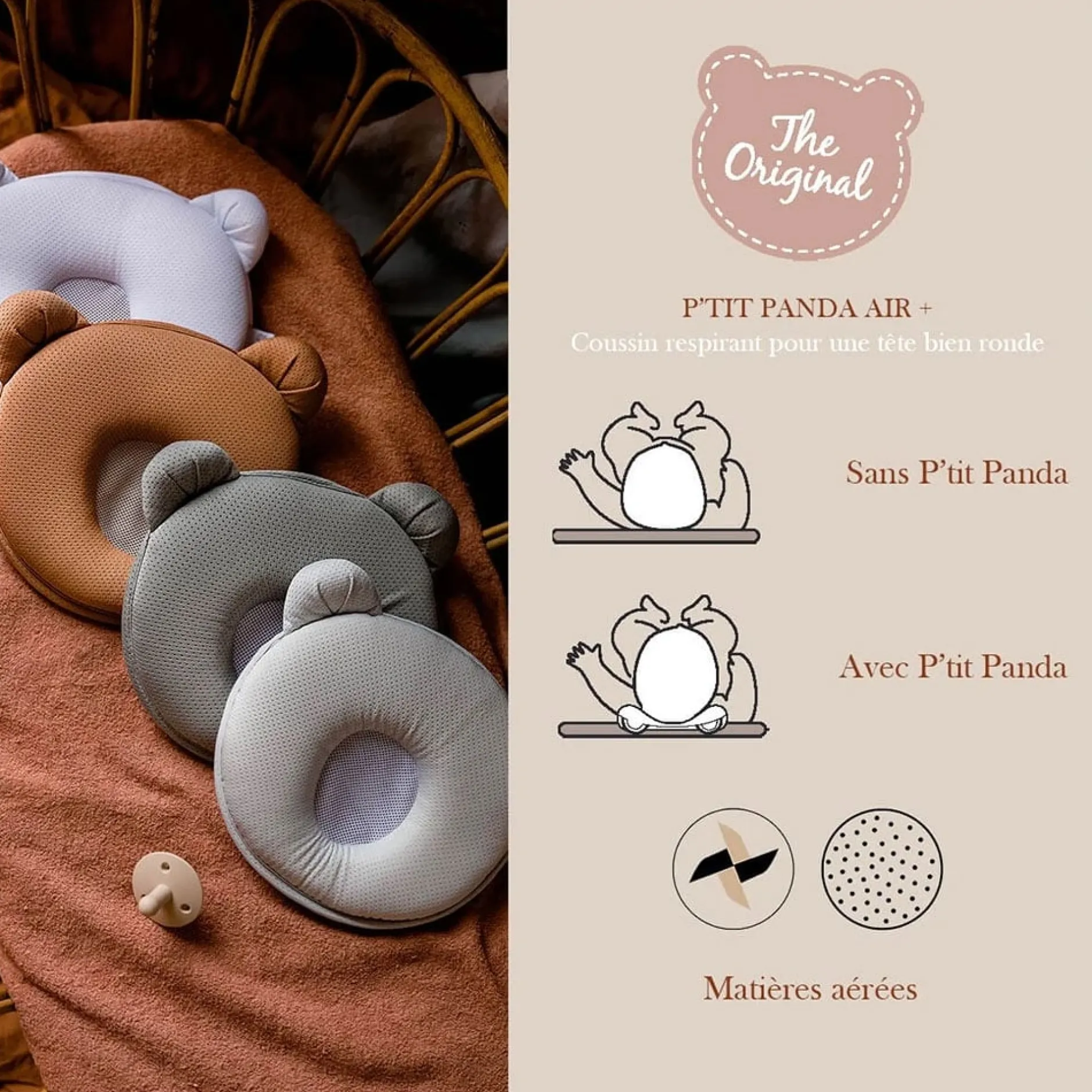 Cales-Bébé*Candide Coussin cale tête P'tit Panda Air+ de Kaki