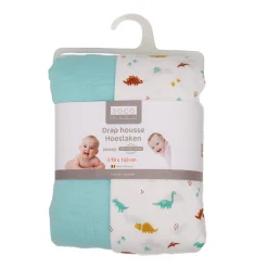 Draps Housses*Socomaille Draps housses Lot de 2 70x140 cm de Dino + vert d'eau