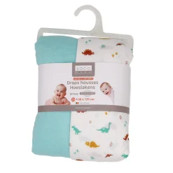 Draps Housses*Socomaille Draps housses Lot de 2 60x120 cm de Dino + vert d'eau
