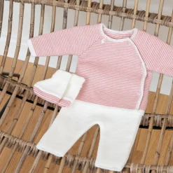 Collection Tricot*P'tit bisou Ensemble milleraies 0-1 mois de Ecru/Rose