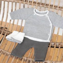 Collection Tricot*P'tit bisou Ensemble milleraies 0-1 mois de Ecru/Réglisse