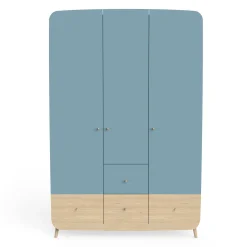 Armoires 3 Portes*CBA Meubles Firmiana Armoire 3 Portes + 4 Tiroirs de Bleu Orage / Bois Naturel