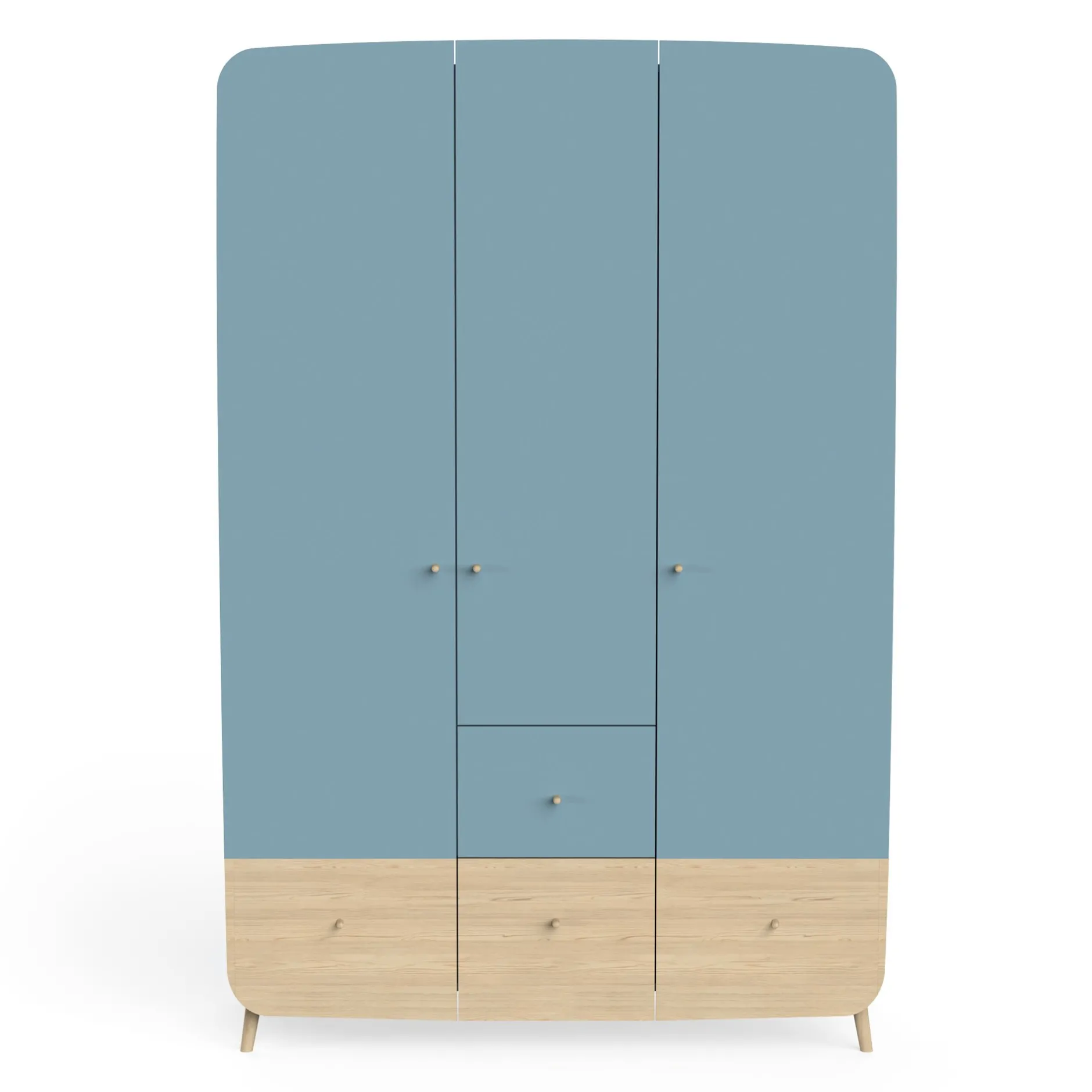 Armoires 3 Portes*CBA Meubles Firmiana Armoire 3 Portes + 4 Tiroirs de Bleu Orage / Bois Naturel