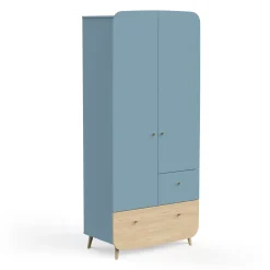 Armoires 2 Portes*CBA Meubles Firmiana Armoire 2 portes + 2 Tiroirs de Bleu Orage / Bois Naturel