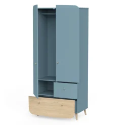Armoires 2 Portes*CBA Meubles Firmiana Armoire 2 portes + 2 Tiroirs de Bleu Orage / Bois Naturel