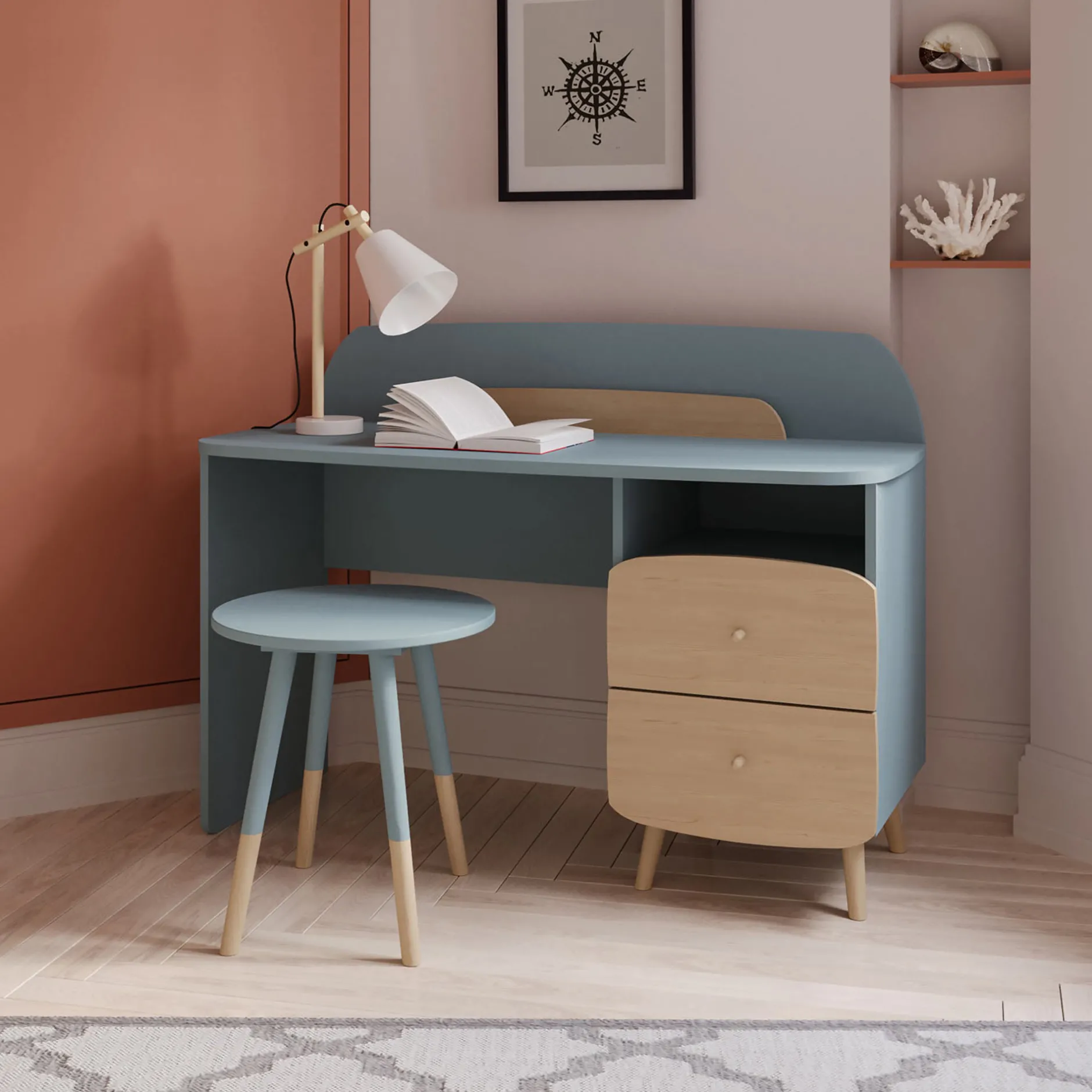 Autres Mobiliers*CBA Meubles Firmiana Bureau Enfant de Bleu Orage / Bois Naturel