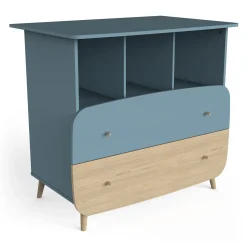 Commodes*CBA Meubles Firmiana Commode 2 Tiroirs + 3 niches de Bleu Orage / Bois Naturel