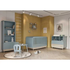 Plans À Langer|Plans*CBA Meubles Firmiana Lit 60 x 120 cm+ Commode + Plan à Langer de Bleu Orage / Bois Naturel