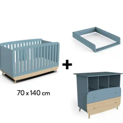 Plans À Langer|Plans*CBA Meubles Firmiana Lit 70 x 140 cm Évolutif + Commode + Plan à Langer de Bleu Orage / Bois Naturel