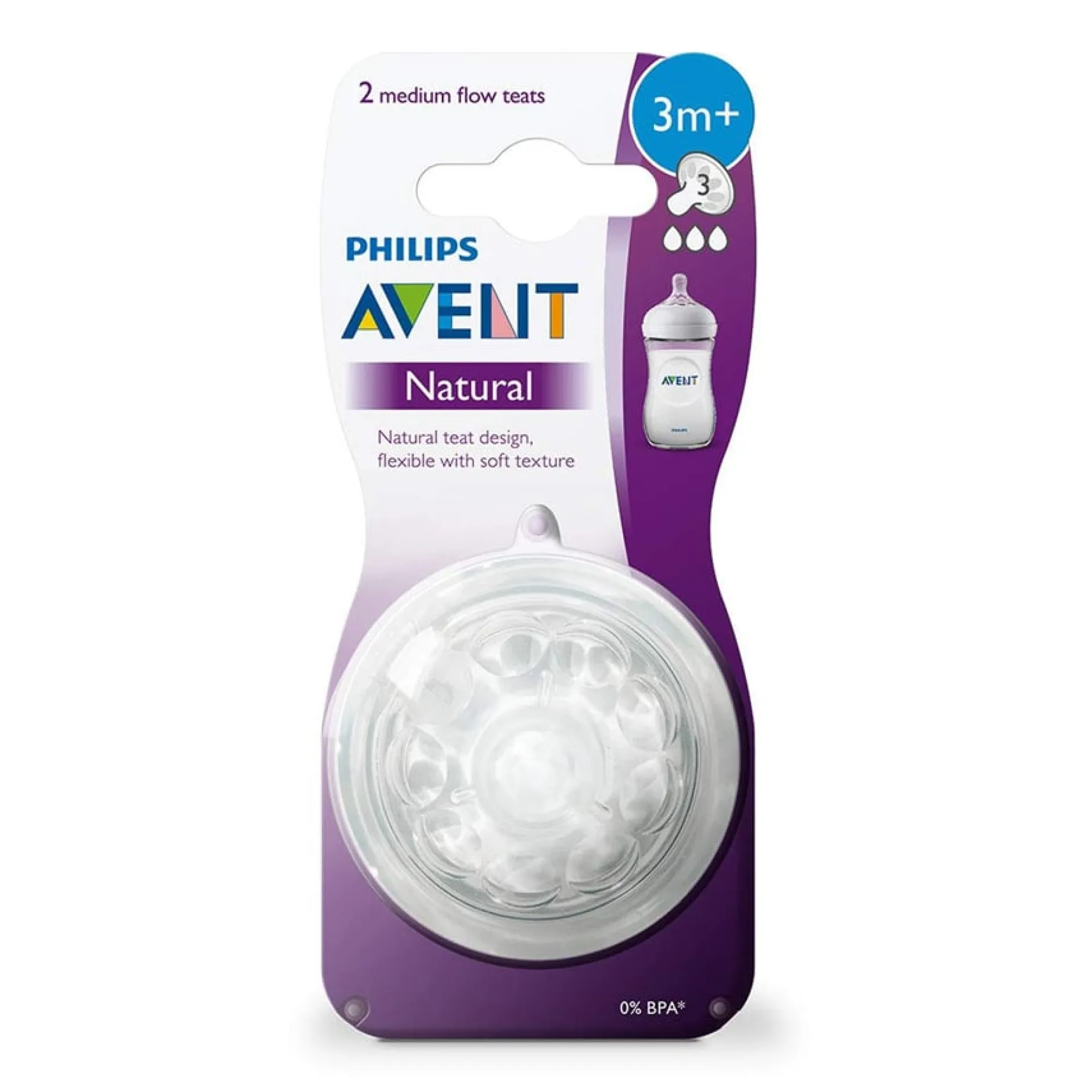 Tétines*Philips AVENT Lot 2 tétines Natural 2.0 débit moyen 3 mois + de