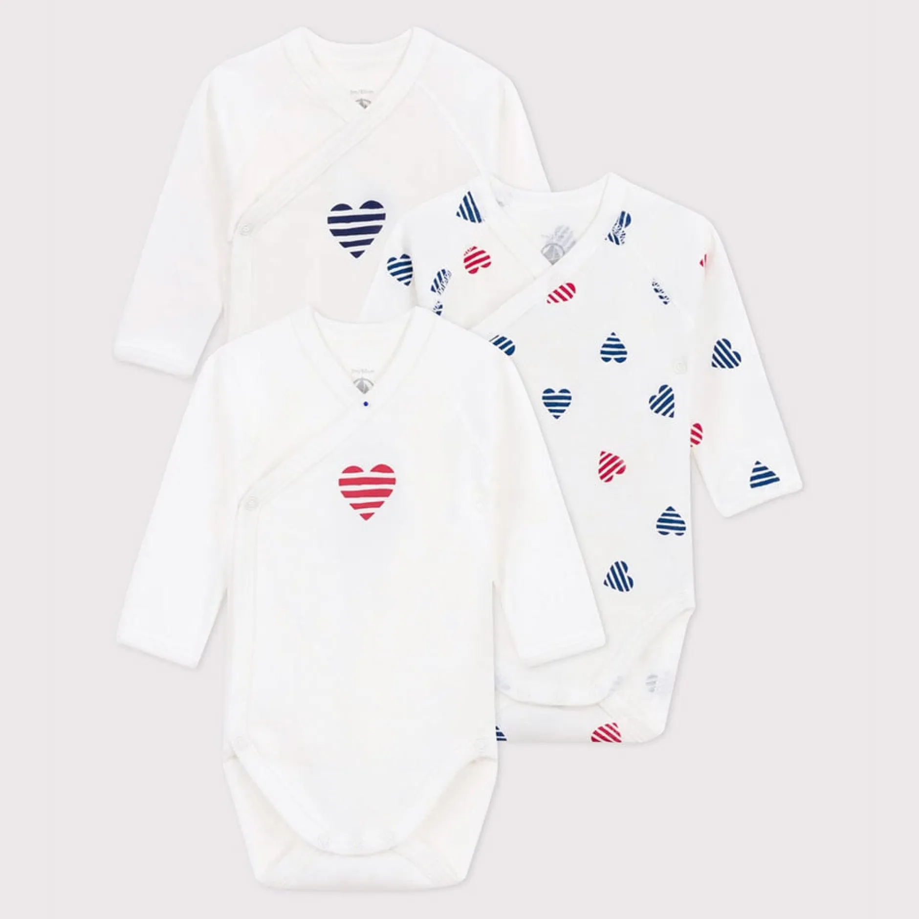 Vêtements Naissance*Petit Bateau Lot de 3 bodies croisés manches longues en coton de Cœurs rayé
