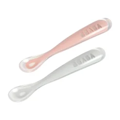 Couverts*Béaba Lot de 2 Cuillères 1er âge en silicone + boite de transport de old pink