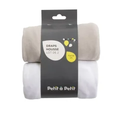 Draps Housses*Petit à petit Lot de deux draps housses 70 x 140 cm de Blanc/Grège