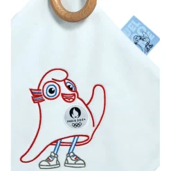 Hochets*Doudou et Compagnie Mascotte Officielle JO 2024 Doudou plat avec anneau en bois de Blanc