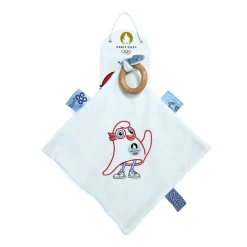 Hochets*Doudou et Compagnie Mascotte Officielle JO 2024 Doudou plat avec anneau en bois de Blanc