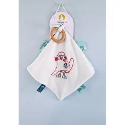 Hochets*Doudou et Compagnie Mascotte Officielle JO 2024 Doudou plat avec anneau en bois de Blanc
