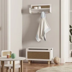 Autres Mobiliers*CBA Meubles Ochna Etagère murale + 4 patères de Blanc et cannage