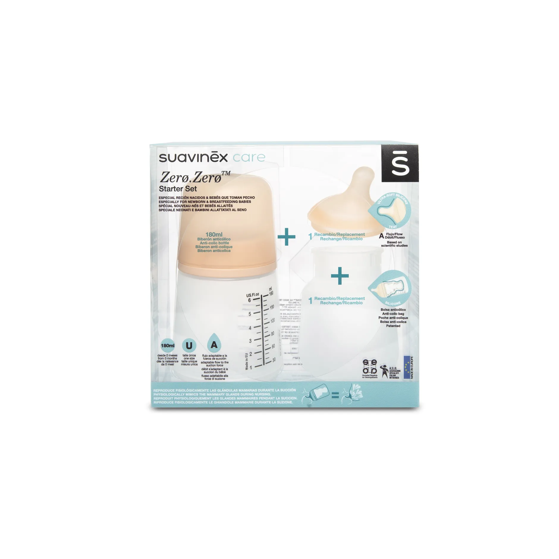 Coffrets Nouveau-Né|Tétines*Suavinex Pack Zerø.Zerø Allaitement + Tétine + Poche Silicone 180 ml de Rose