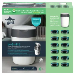 Poubelles*Tommee Tippee Poubelle à Couches Avancée Twist & Click Starter-pack, Lot de 12 Recharges de Blanc