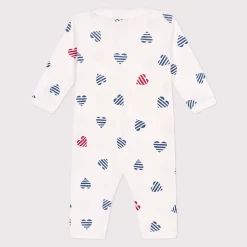 Pyjamas|Pyjamas*Petit Bateau Pyjama bébé en coton sans pieds avec col cœur rayé de Blanc Marshmallow