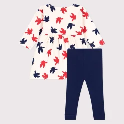 Robes, Jupes*Petit Bateau Robe bébé en coton manches longues et legging imprimée oiseaux de Blanc Avalanche