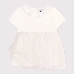 Robes, Jupes*Petit Bateau Robe en coton et tulle manches courtes et colerette de Blanc Marshmallow / Rose Copper
