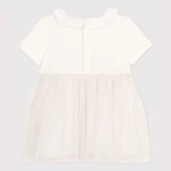 Robes, Jupes*Petit Bateau Robe en coton et tulle manches courtes et colerette de Blanc Marshmallow / Rose Copper