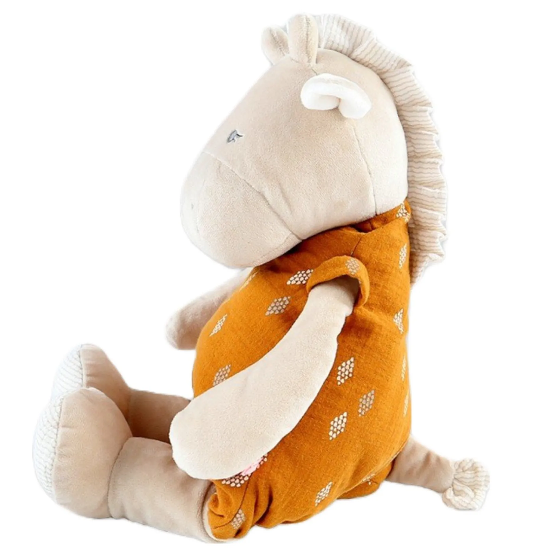 Doudous*Noukies Tiga, Stegi & Ops Peluche medium Tiga en Veloudoux et Mousseline de coton BIO de Beige/ocre