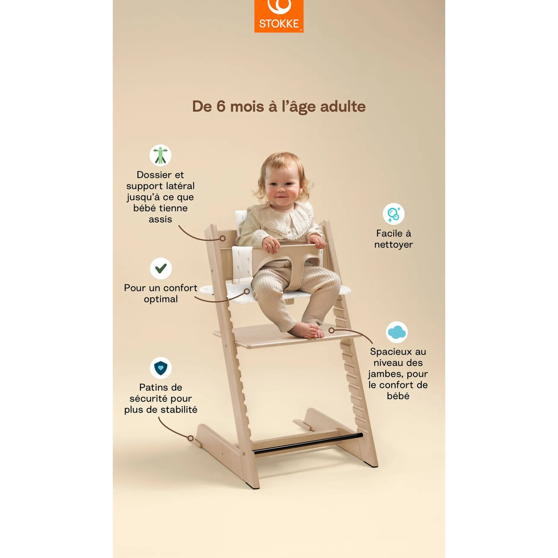 Chaises Hautes Évolutives*Stokke® Tripp Trapp® Pack Chaise haute + Baby Set + Coussin de Naturel / Crème
