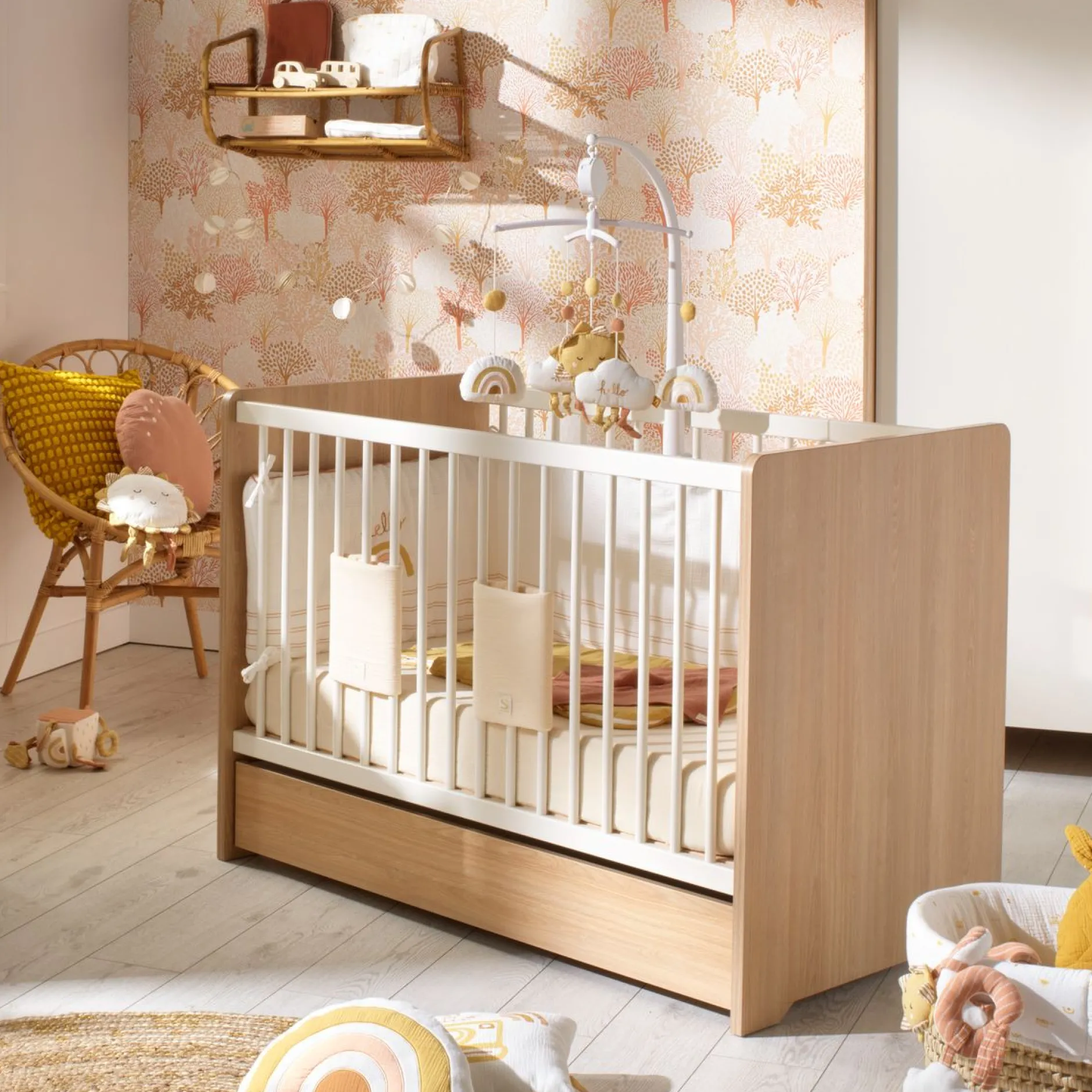 Tiroirs De Lit*Sauthon Baby's Sweet Home Vanille Tiroir de lit 60 x 120 cm de Chêne miel